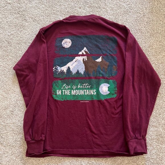 Colorado Life is Better in the Mountains Maroon Burgundy Long Sleeve Shirt M - Picture 2 of 6